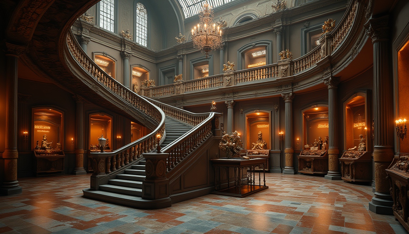 Prompt: Museum interior, grand staircase, ornate railings, marble floors, high ceilings, crystal chandeliers, exhibit halls, rows of glass cabinets, ancient artifacts, mysterious relics, dim warm lighting, soft shadows, majestic atmosphere, 3/4 composition, low-angle shot, Baroque-style architecture, intricate stone carvings, solemn ambiance, historic feel.