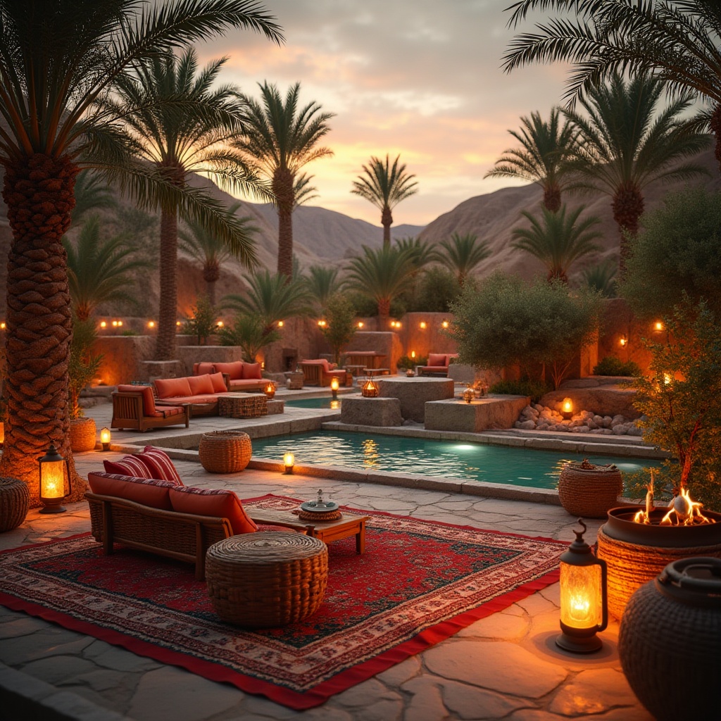 Prompt: Inviting space, harsh environment, cozy atmosphere, desert oasis, sandy dunes, palm trees, colorful lanterns, wooden benches, vibrant textiles, woven baskets, warm lighting, comfortable seating area, rustic stone walls, lush greenery, refreshing water features, serene ambiance, dramatic sky, cinematic composition, soft focus, warm color palette.