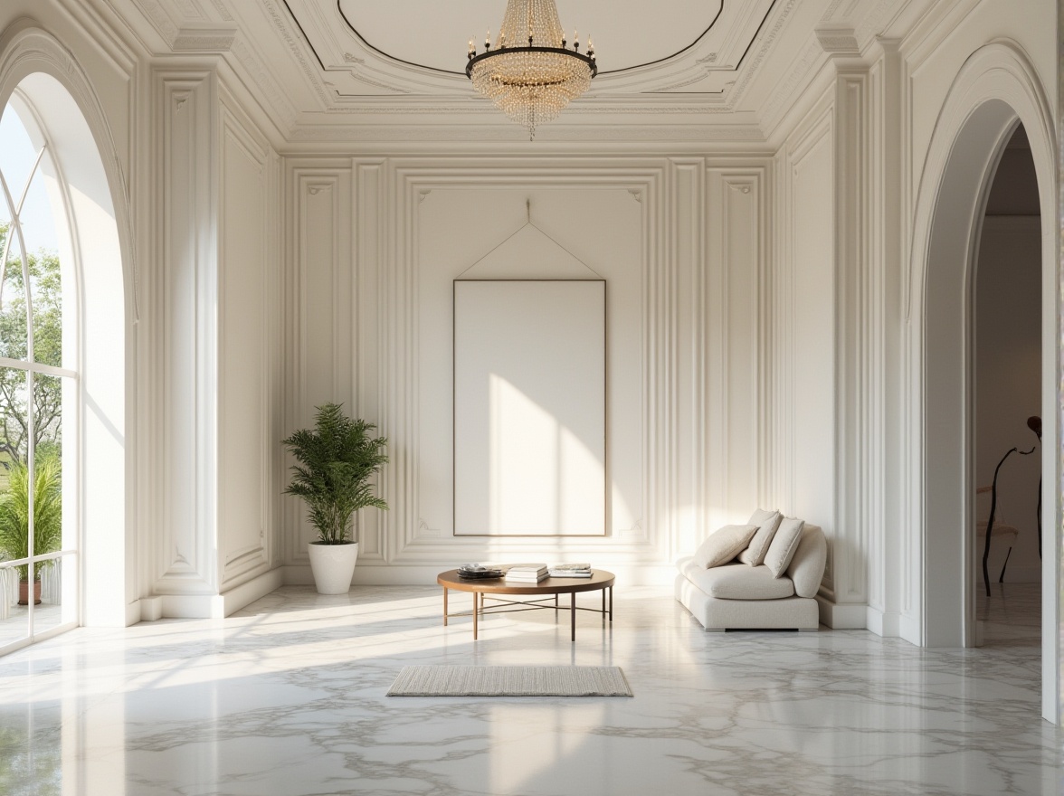 Prompt: Modern interior design, plaster material, smooth texture, white color, decorative ceiling, intricate patterns, luxurious ambiance, grand chandelier, marble floor, elegant furniture, spacious room, natural light, afternoon sunbeam, subtle shadows, 3/4 composition, soft focus, warm lighting.