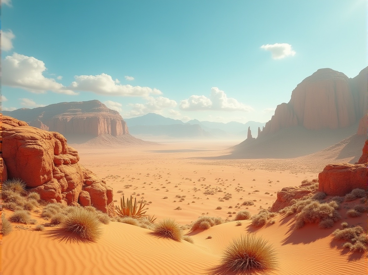 Prompt: Desert landscape, ochre color palette, warm sunny day, vast sandy dunes, rock formations, cacti, succulents, rugged terrain, distant mountains, clear blue sky, few wispy clouds, strong shadows, warm lighting, cinematic composition, panoramic view, natural texture, realistic atmosphere.