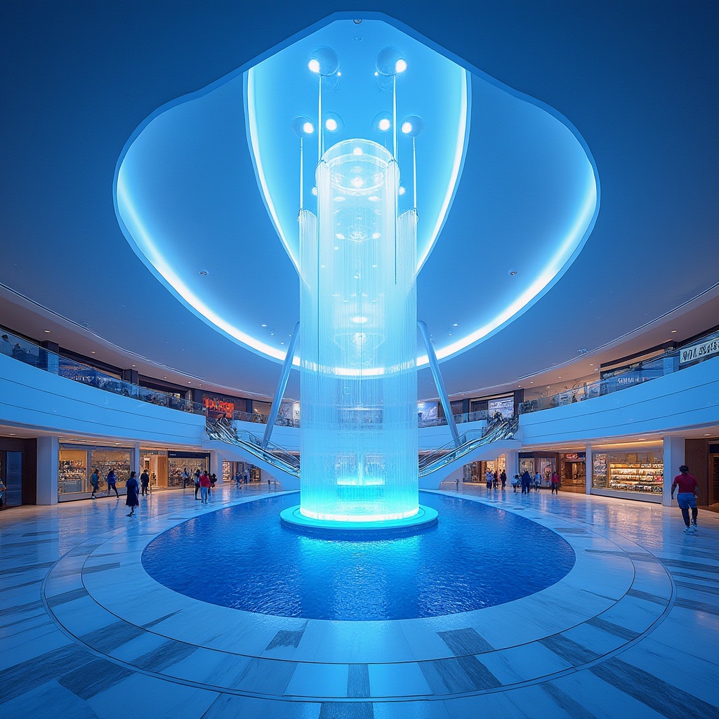 Prompt: Sapphire blue, bold, vibrant, futuristic, luxurious, shopping center, modern architecture, sleek lines, geometric shapes, glossy finish, LED lights, indoor fountain, marble floor, escalators, high ceiling, panoramic view, 3/4 composition, softbox lighting, daytime, afternoon, warm tone, cinematic mood.