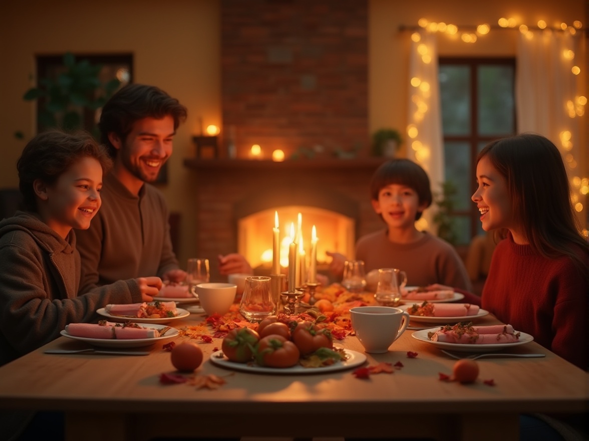 Prompt: Warm persimmon color, cozy atmosphere, wooden table, family gathering, traditional dinner setting, soft candlelight, autumn leaves, warm fireplace, rustic living room, comfortable couch, plush throw blanket, steaming hot tea, sweet fruit platter, laughing faces, happy moments, golden hour lighting, shallow depth of field, inviting composition, sense of togetherness.