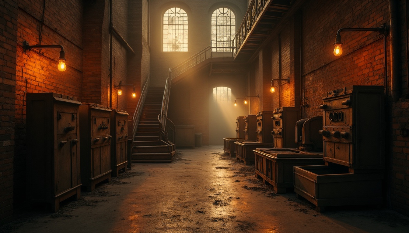 Prompt: Industrial scenery, wheat color tone, abandoned factory, rusty machinery, worn brick walls, metal staircase, dim warm lighting, soft focus, atmospheric mist, nostalgic ambiance, old industrial lamps, wooden crates, worn conveyor belts, retro-style control panels, distressed textures, cinematic composition, low-angle shot, golden hour, dramatic shadows.