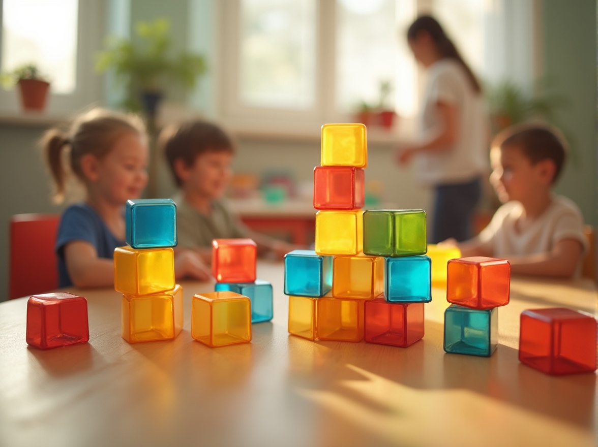 Prompt: Kindergarten setting, colorful plastic blocks, stackable, transparent, bright red, blue, yellow, green, round edges, smooth surface, educational toys, playful atmosphere, wooden tables, tiny chairs, children playing, laughing, learning, teacher observing, warm lighting, shallow depth of field, vibrant colors, 3/4 composition, soft focus, morning sunlight, gentle shadows.