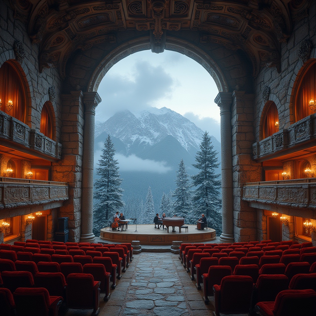 Prompt: Mountainous region, auditorium, grandiose architecture, stone walls, wooden accents, large windows, panoramic view, snow-capped peaks, evergreen trees, misty atmosphere, soft natural light, warm interior lighting, intricate carvings, ornate chandeliers, plush red seats, wooden stage, dramatic curtains, rustic exterior, mountain-inspired decorations, vintage acoustic equipment, lively performance, audience applause, evening scene, starry night sky.