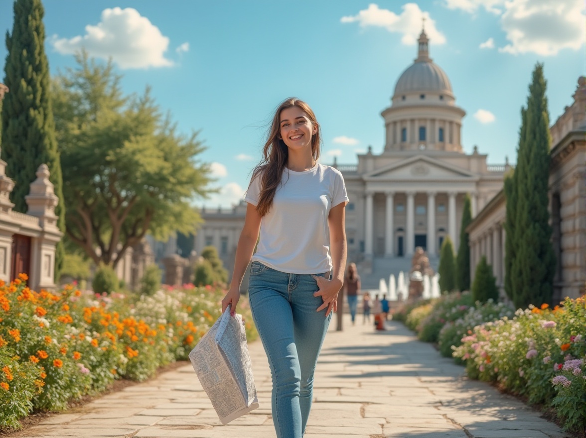 Prompt: Tourist, woman, smiling, 25yo, casual wear, blue jeans, white t-shirt, sneakers, holding map, walking, scenic route, sunny day, blue sky, fluffy clouds, historic landmark, ancient architecture, stone walls, grand entrance, vibrant flowers, greenery, water fountain, people in background, laughing, taking photos, natural light, soft shadows, warm atmosphere, cinematic composition.