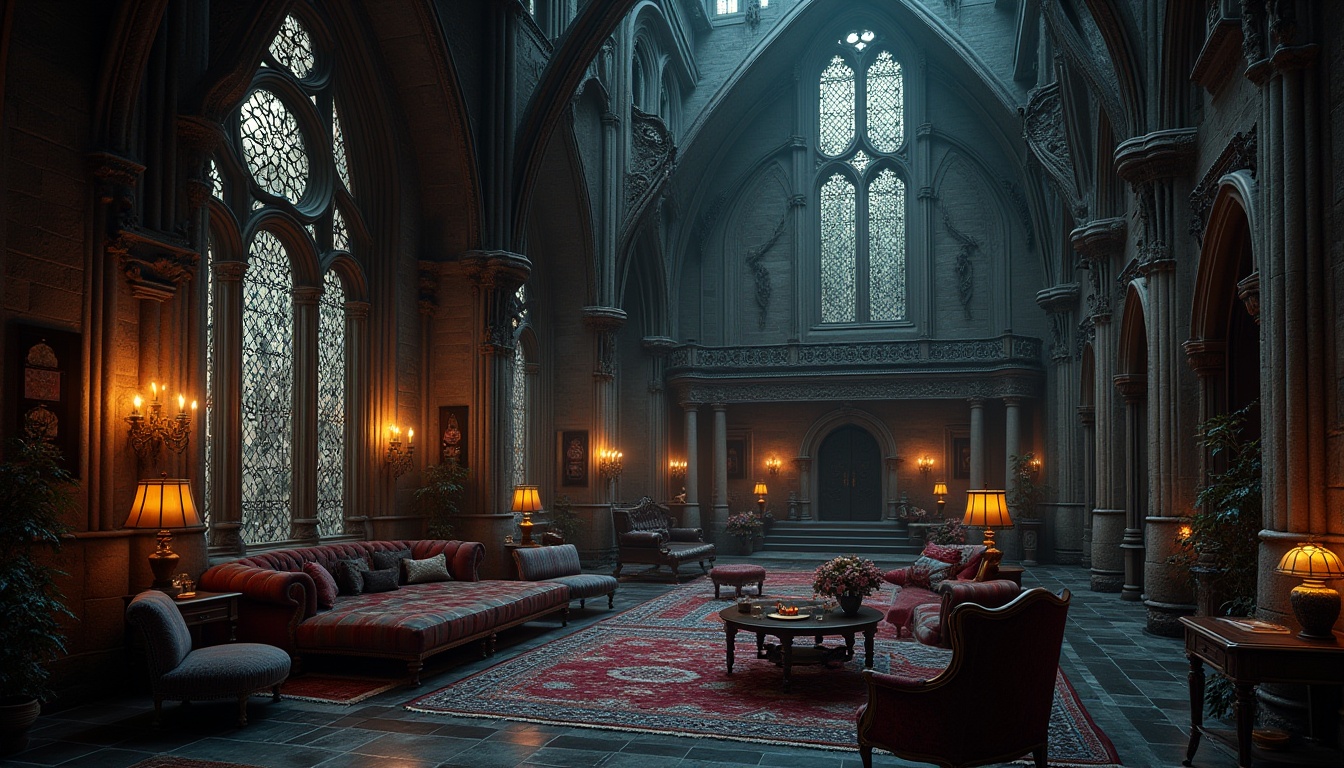 Prompt: Grand, luxurious villa, Gothic architecture, ornate stone carvings, stained glass windows, intricate ironwork, dark wooden floors, lavish furnishings, velvet drapes, crystal chandeliers, mysterious ambiance, warm candlelight, dramatic shadows, eerie misty atmosphere, mysterious forest surroundings, twilight hour, cinematic composition, 3/4 view.