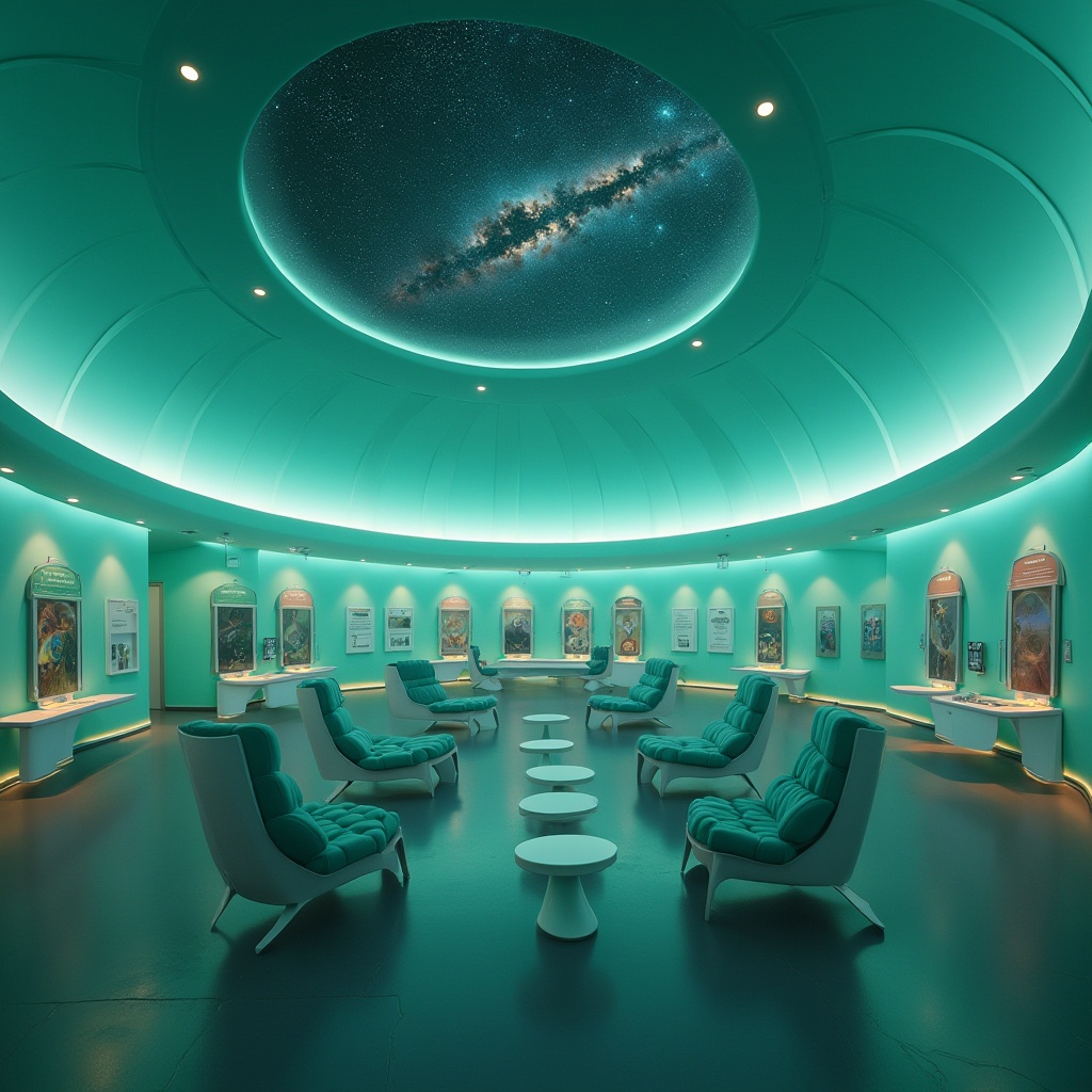 Prompt: Calming planetarium interior, mint green walls, soft glow LED lights, starry night sky projection on dome ceiling, comfortable cushioned chairs, minimalist metal legs, dark grey floor, subtle shine, calming atmosphere, soft focus, gentle lighting, 3/4 composition, wide-angle shot, shallow depth of field, futuristic ambiance, celestial bodies illustrations on walls, educational posters, interactive screens, circular information desks, elegant curves, sleek lines, modern materials.