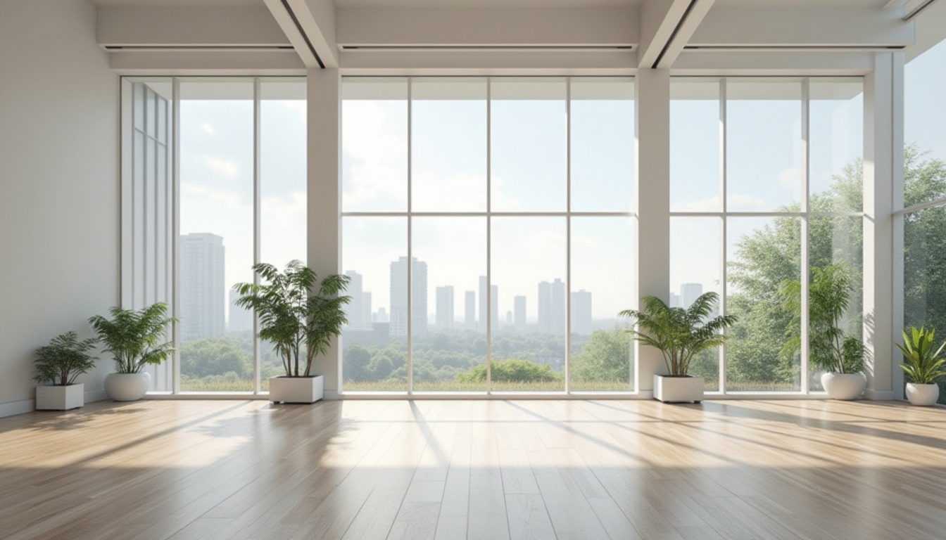 Prompt: Modern public administration building, minimalist architecture, simple clean lines, white walls, large glass windows, natural light pouring in, sleek wooden floors, sparse decorative plants, empty space emphasis, limited furniture, functional simplicity, steel pillars, concrete structures, subtle textures, calm atmosphere, daytime, soft diffused lighting, urban cityscape background, distant skyscrapers, gentle breeze blowing trees.