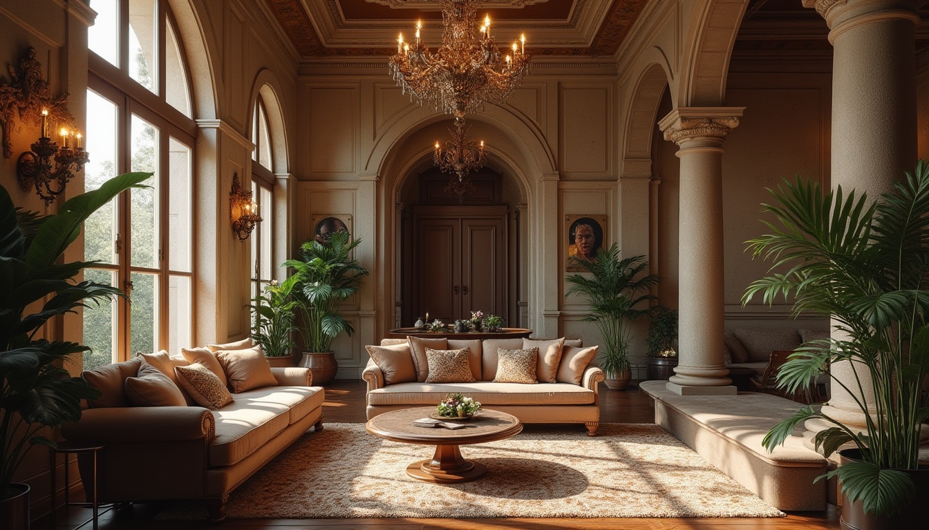 Prompt: Eclectic interior design, limestone material, luxurious mansion, grand hall, high ceiling, ornate chandelier, stone columns, rustic texture, earthy tone, natural ambiance, warm lighting, 3/4 composition, shallow depth of field, cinematic mood, soft focus, vintage furniture, velvet upholstery, intricate patterns, rich fabrics, exotic plants, wooden floorboards, subtle reflections.