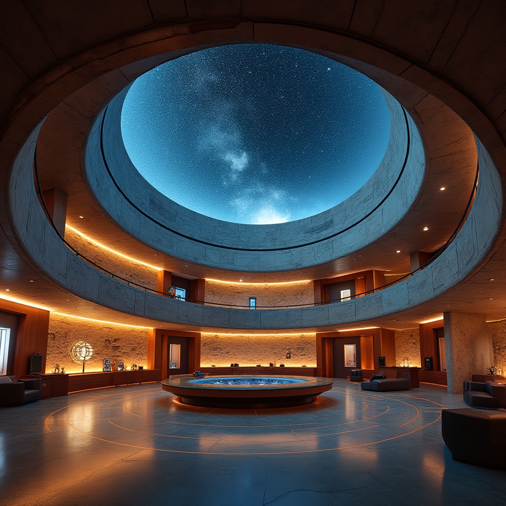 Prompt: Streamline Moderne planetarium, futuristic, spherical dome, incorporated sandstone walls, metallic accents, neon lights, starry night sky projection, astronomy instruments, sleek lines, minimal ornamentation, ambient lighting, 3/4 composition, low-angle shot, shallow depth of field, warm color tone, soft focus, celestial body silhouettes.