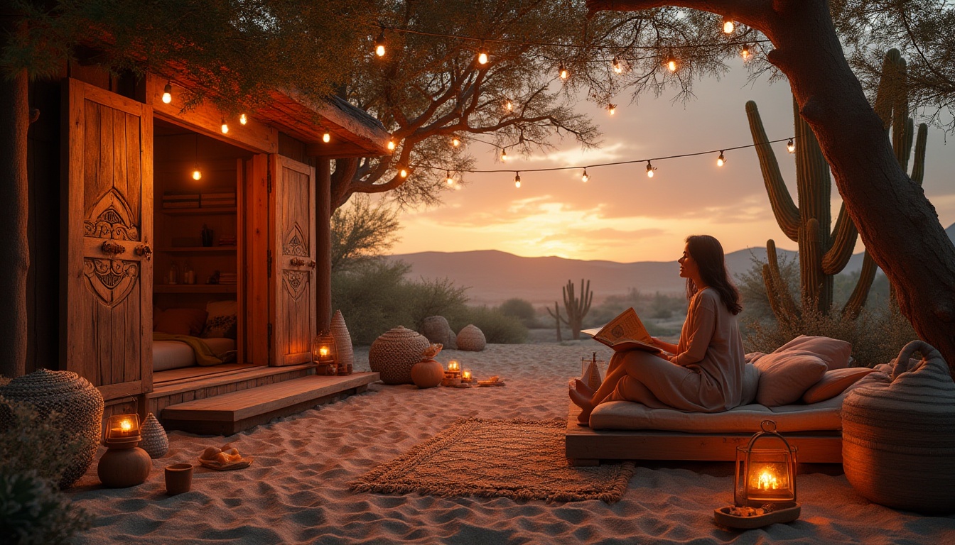 Prompt: Cozy oasis, harsh desert environment, sandy dunes, rustic wooden cabin, lanterns hanging from trees, warm golden lighting, plush cushions, woven baskets, vibrant textiles, lush greenery, blooming cacti, intricately carved wooden doors, soft instrumental music, warm beverage in hand, relaxed posture, reading a book, sunset view, dramatic cloudy sky, cinematic composition, low-angle shot, atmospheric perspective.