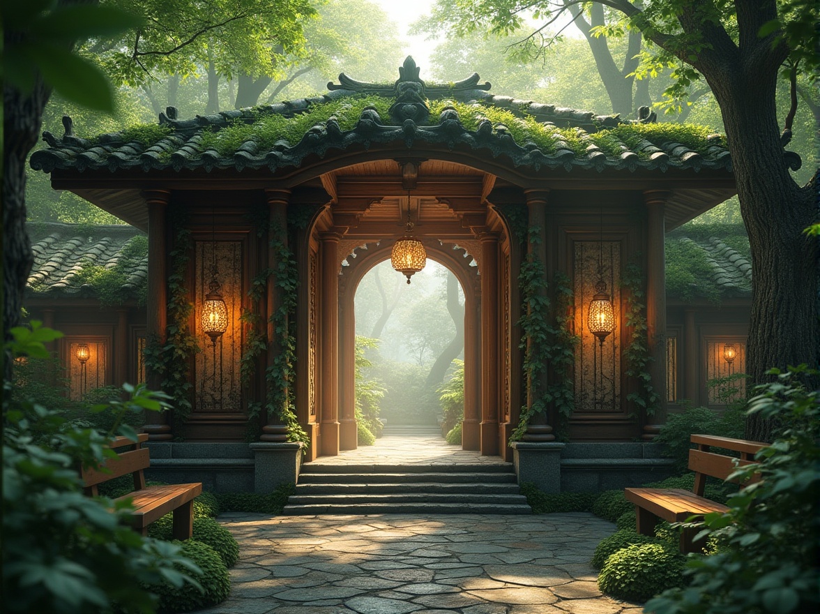 Prompt: Forest-inspired pavilion, grand entrance, wooden doors, vines crawling up walls, leaf-shaped roof tiles, natural light pouring in, intricate wooden beams, stone floor, moss-covered steps, surrounded by tall trees, misty atmosphere, soft sunlight filtering through leaves, warm ambient lighting, 3/4 composition, shallow depth of field, vibrant greenery, serene ambiance, wooden benches, lanterns hanging from branches.