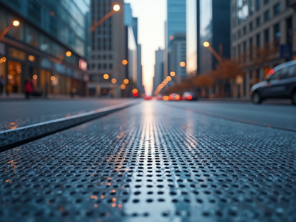 Prompt: Modern perforated metal material, silver-gray color, industrial design, mesh texture, intricate holes pattern, reflective surface, metallic sheen, sleek lines, minimalist aesthetic, futuristic vibe, urban setting, cityscape background, evening mood, softbox lighting, low-angle composition, 3/4 view.