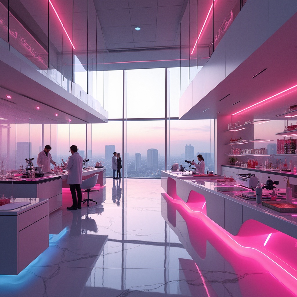 Prompt: Futuristic research center, incorporating fuchsia color, modern minimalist architecture, glass walls, steel beams, vibrant fuchsia accents, sleek lines, geometric shapes, bright LED lighting, futuristic equipment, scientists in lab coats, microscopes, petri dishes, test tubes, experiment tables, abstract art pieces, polished marble floors, minimal decor, panoramic city view, morning sunlight, high contrast, cinematic composition.