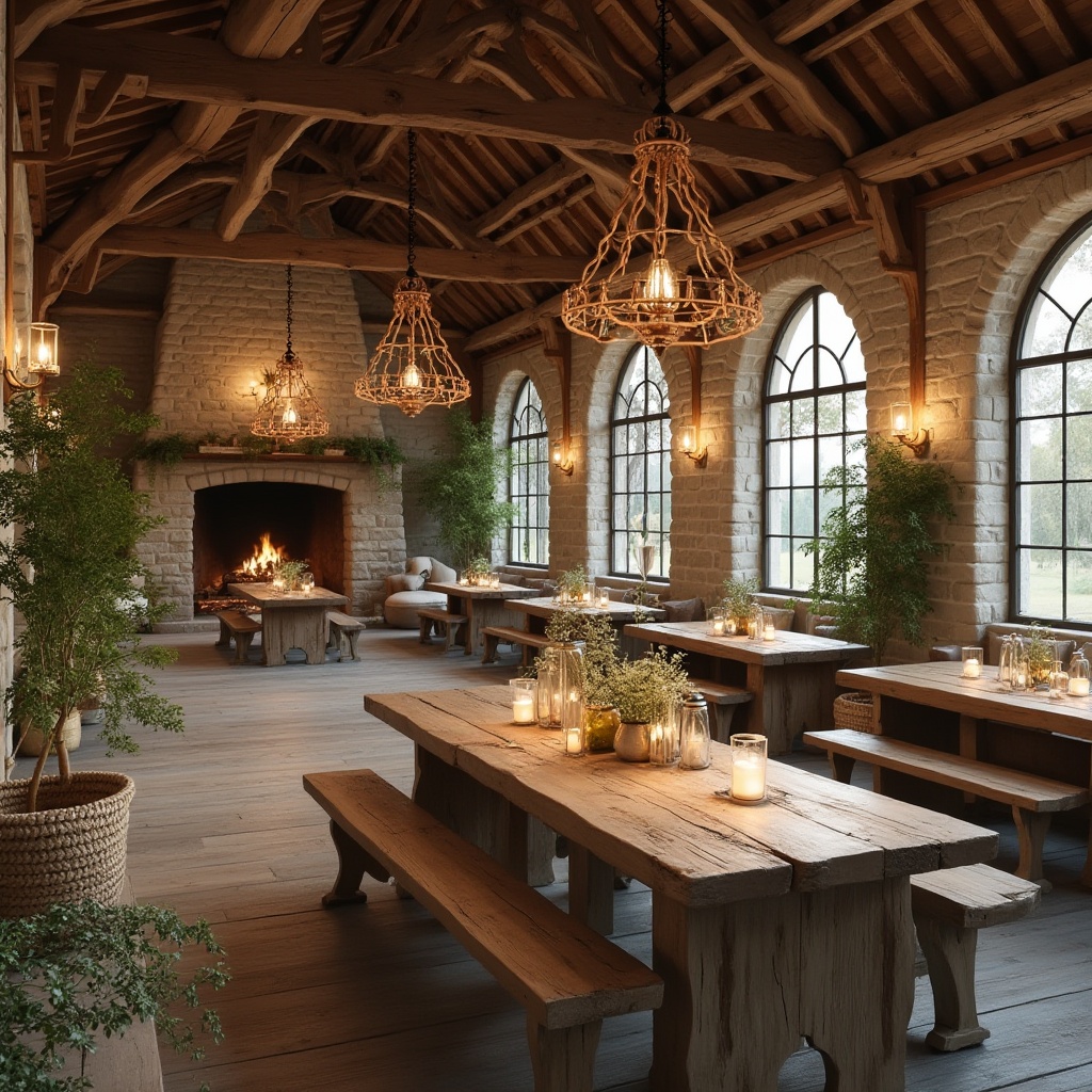 Prompt: Rustic dining hall, wooden tables, benches, vintage lanterns, stone walls, natural materials, earthy tones, farmhouse style, wooden beams, exposed brick, cozy atmosphere, warm lighting, candles, fireplace, countryside views, large windows, floral arrangements, potted plants, woven baskets, distressed finishes, nature-inspired decor, soft color palette, Shabby Chic, country elegance.