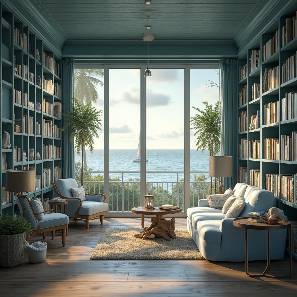 Prompt: Coastal atmosphere, library interior, calm ambiance, bookshelves with ocean-blue paint, wavy wooden flooring, comfortable reading nooks, plush cushions, seashell decorations, driftwood coffee tables, lantern-style lamps, floor-to-ceiling windows, natural light pouring in, serene ocean view, sailboats in the distance, gentle sea breeze, soft focus, warm lighting, 3/4 composition.