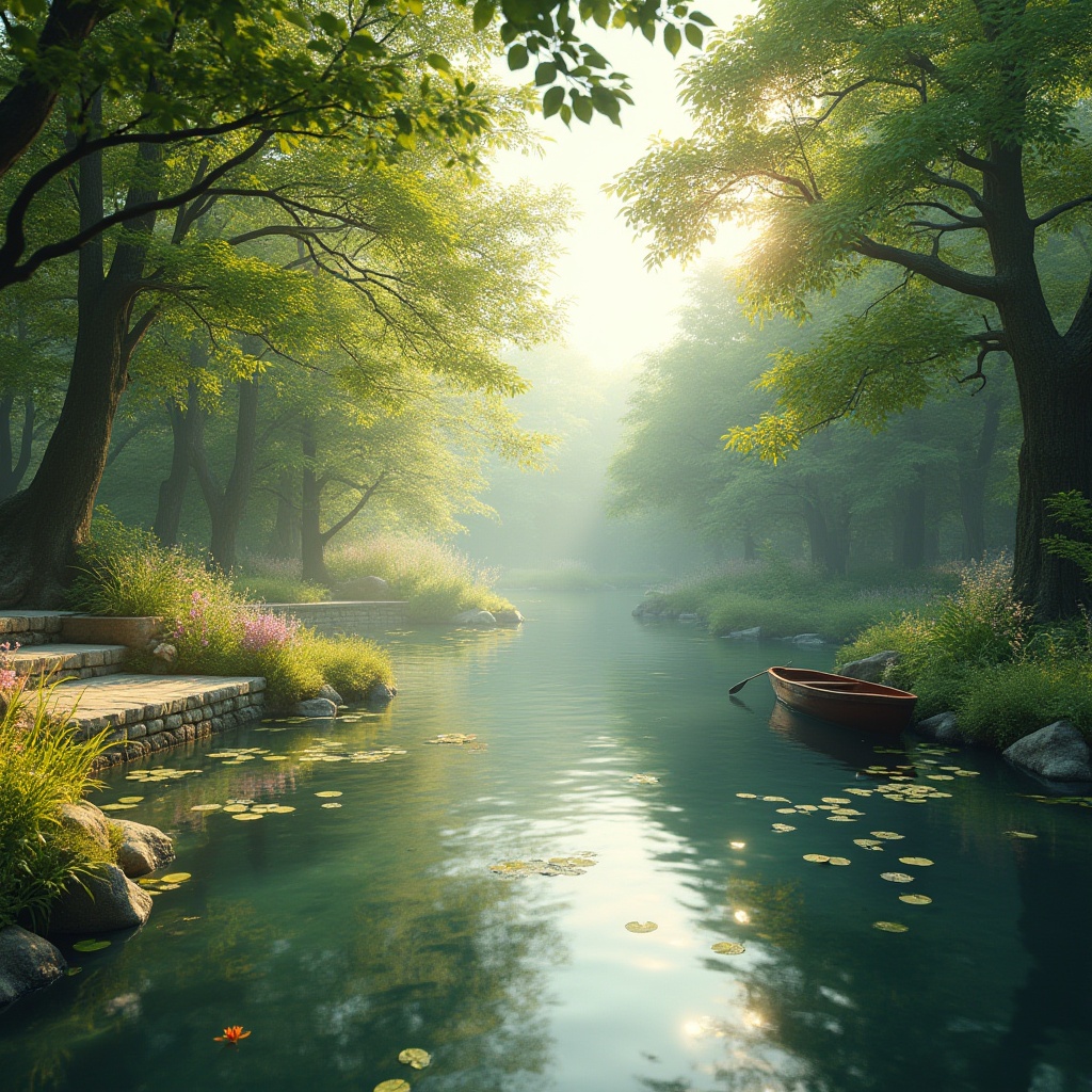 Prompt: Riverbank design, serene atmosphere, harmony with nature, lush greenery, blooming flowers, gentle river flow, tranquil water surface, soft sunlight filtering through trees, natural stone seating area, wooden dock, fishing boat, water lilies, reeds, gentle breeze, warm ambient lighting, 3/4 composition, panoramic view, depth of field, realistic, cinematic.