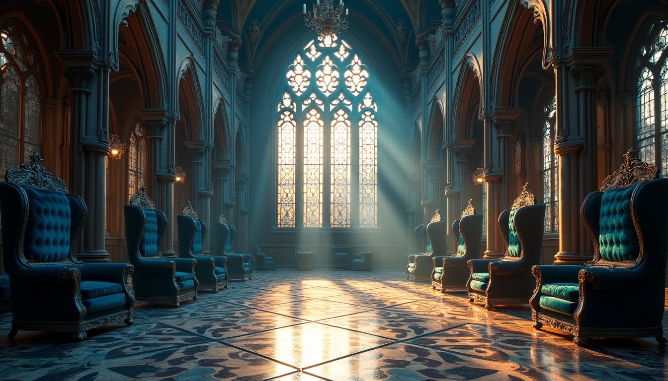 Prompt: Romaneque architecture, indigo color accents, ornate stone carvings, grandiose arches, Gothic spires, stained glass windows, intricately patterned floors, vaulted ceilings, luxurious velvet drapes, regal throne-like chairs, mysterious ambiance, warm golden lighting, afternoon sunbeams streaming through windows, dramatic shadows, cinematic composition, symmetrical framing.