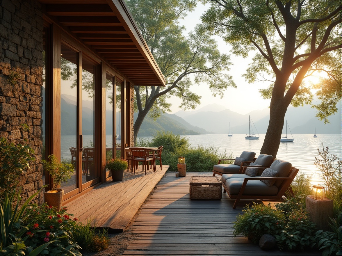 Prompt: Lakefront house, modern architecture, large windows, sliding glass doors, wooden deck, outdoor seating area, surrounded by lush greenery, tall trees, overhanging branches, natural stone walls, rustic lanterns, serene lake views, misty morning atmosphere, soft golden lighting, gentle ripples on the water surface, sailboats and kayaks in the distance, mountain ranges in the background, vibrant floral arrangements, natural textiles, earthy tones, cozy interior ambiance, 3/4 composition, panoramic view.