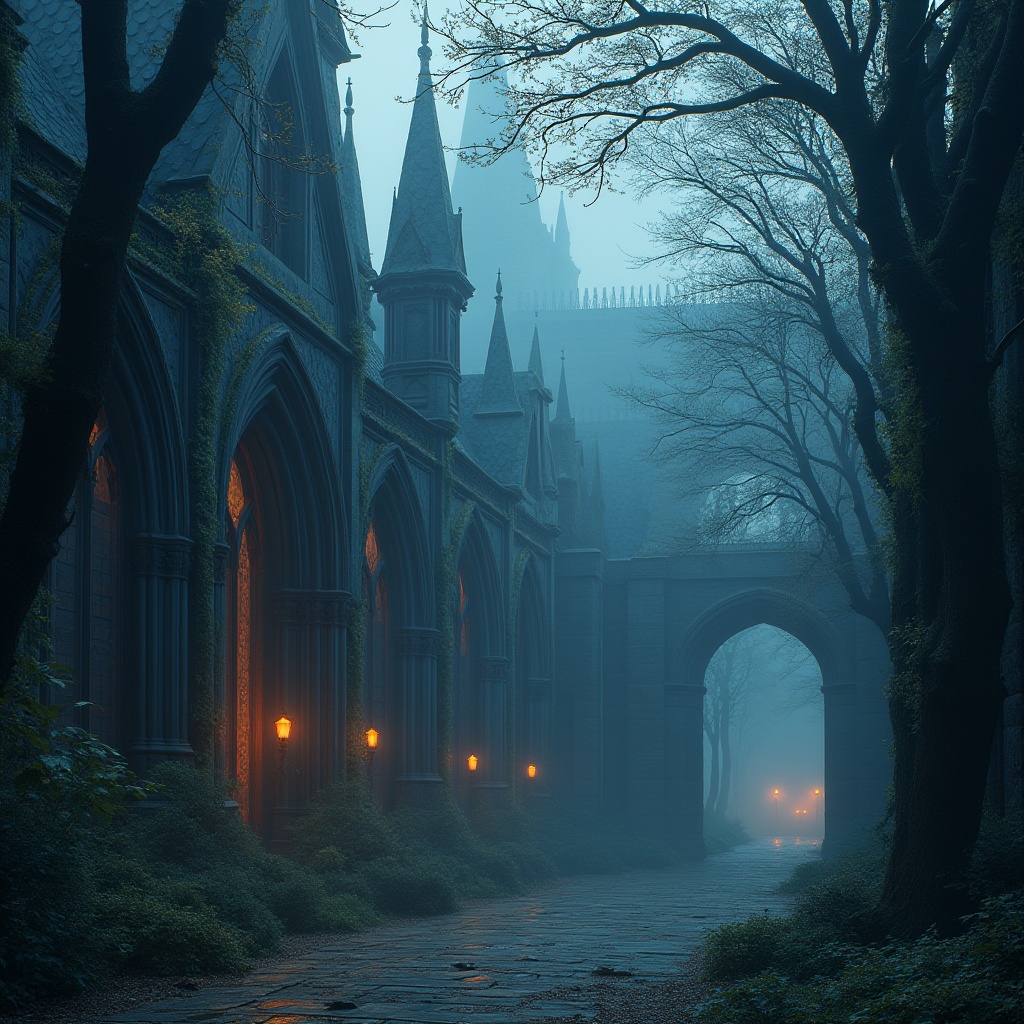 Prompt: Romanesque architecture, indigo color accents, intricate stone carvings, grand arches, ornate columns, Gothic-inspired windows, mystical ambiance, misty morning atmosphere, warm golden lighting, soft shadows, ancient trees surrounding, overgrown vines on walls, mysterious fog, eerie silence, cinematic composition, 3/4 view, shallow depth of field, dramatic contrast.