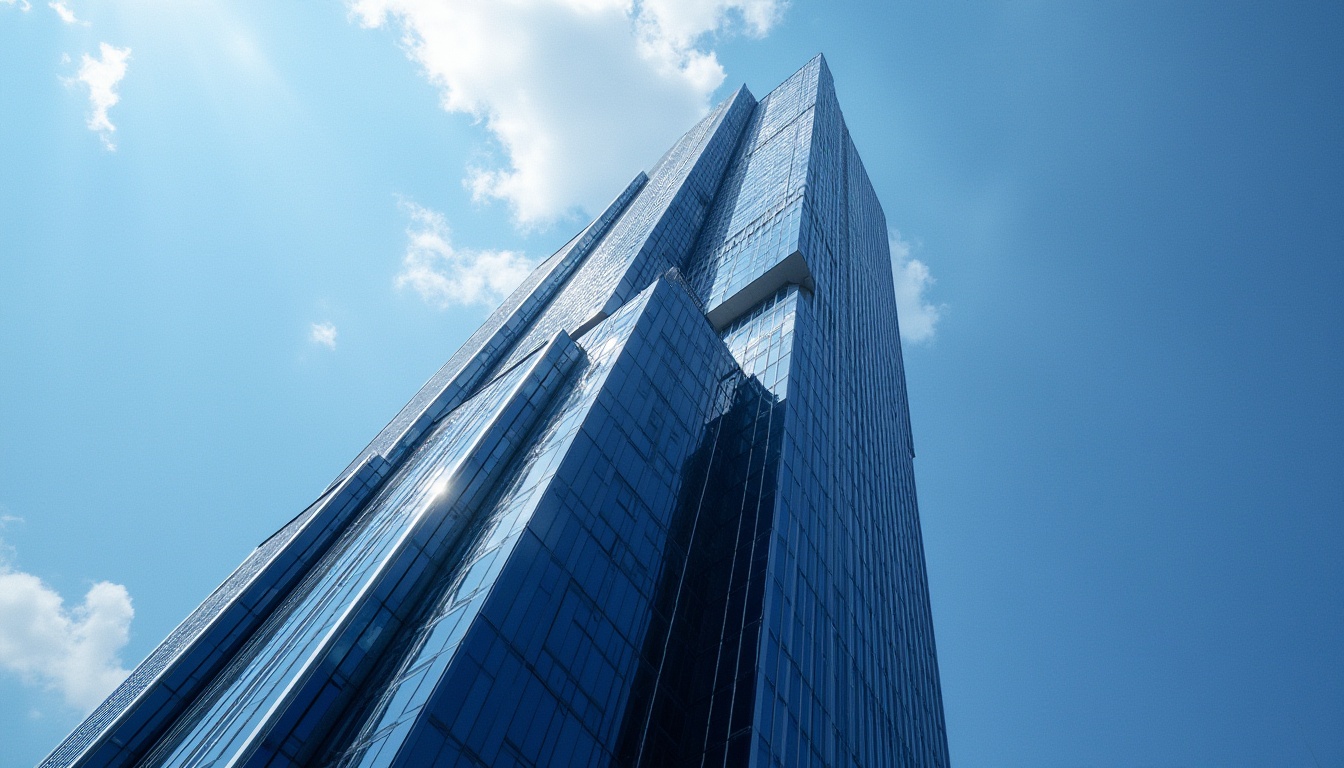 Prompt: Navy blue skyscraper, modern architecture, bold design, sleek lines, sharp angles, reflective glass, steel beams, urban landscape, cityscape, metropolitan area, daytime, clear sky, few clouds, dramatic shadows, strong contrast, high-angle shot, dynamic composition, abstract shapes, geometric patterns, metallic material, glossy finish.