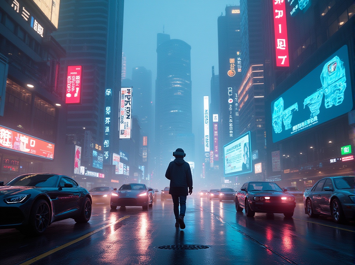 Prompt: Immersive futuristic cityscape, neon lights, sleek skyscrapers, holographic advertisements, levitating cars, busy streets, advanced robots, virtual reality headset, futuristic clothing, metallic materials, glass surfaces, LED screens, 3/4 composition, low-angle shot, cinematic lighting, depth of field, vibrant colors, atmospheric fog.