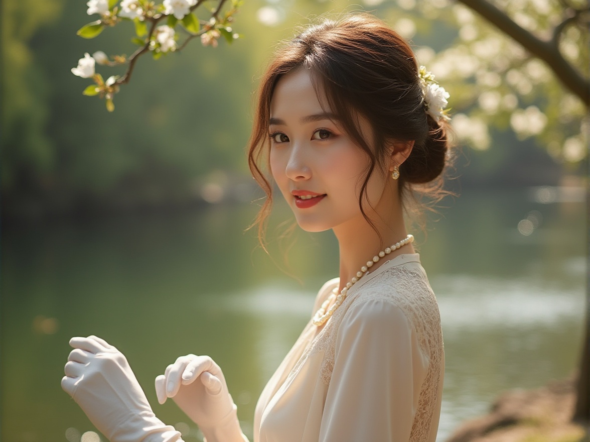 Prompt: Elegant lady, solo, (25yo), refined facial features, subtle smile, wavy brown hair, elegant bun, pearl necklace, white gloves, flowing long dress, lace details, satin fabric, riverbank, sunny afternoon, warm light, gentle breeze, blooming flowers, lush greenery, ancient trees, stone benches, soft water ripples, serene atmosphere, 3/4 composition, shallow depth of field, cinematic lighting, film grain effect.