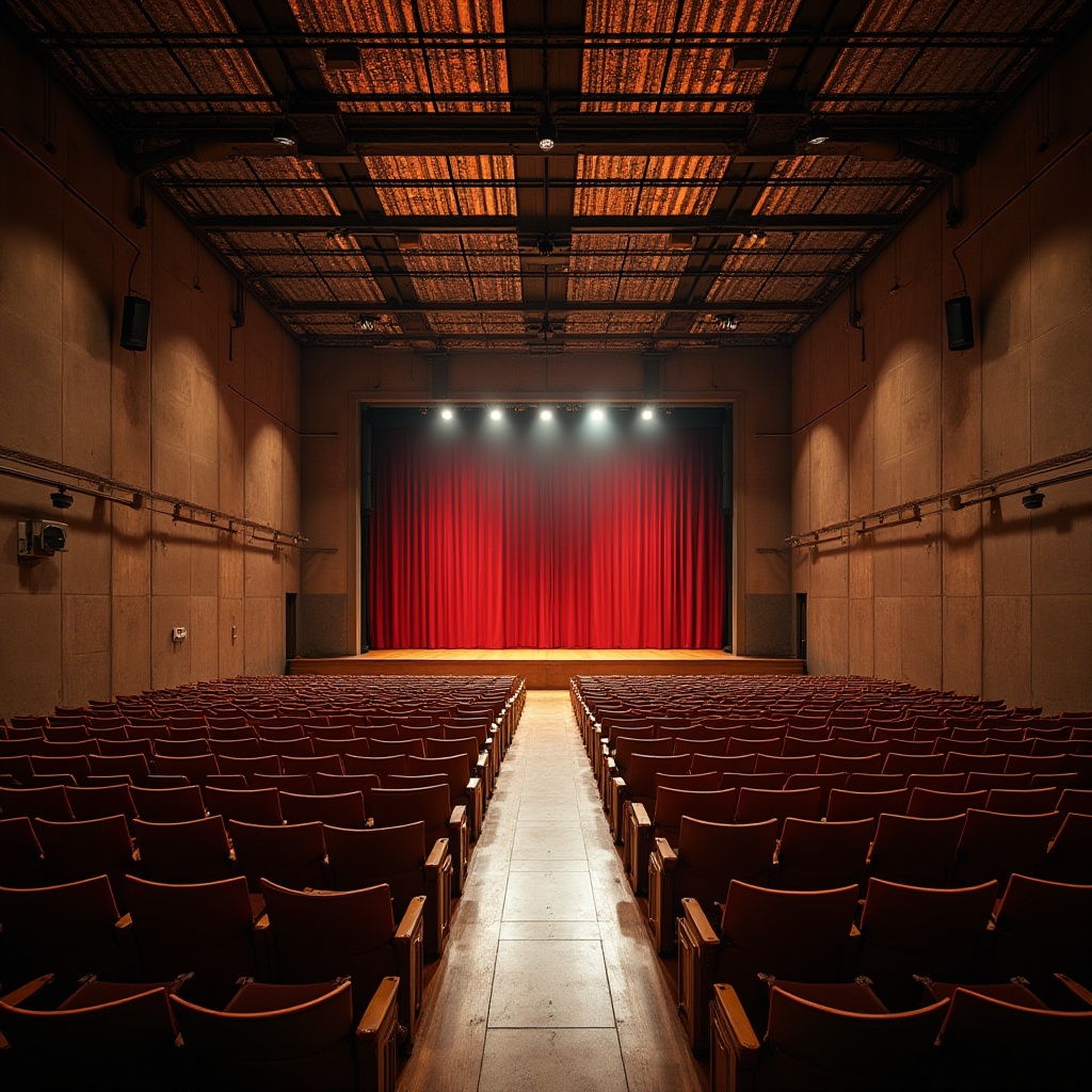 Prompt: Auditorium interior, modern design, corrugated iron ceiling, industrial chic, metallic texture, warm lighting, wooden seats, rows of chairs, central aisle, grand stage, red curtains, spotlights, audience perspective, high-angle shot, dramatic shadows, afternoon ambiance, soft focus, cinematic composition.