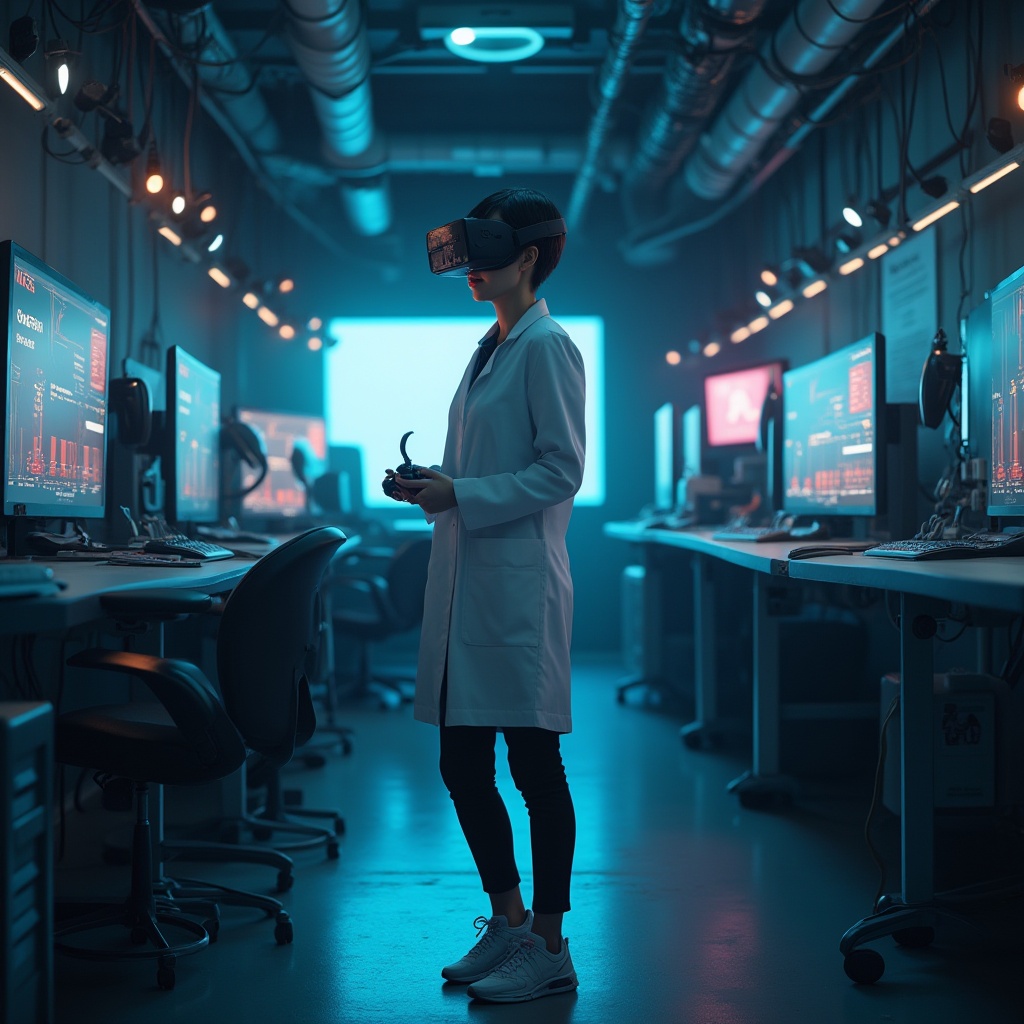 Prompt: Immersive experience, futuristic laboratory, scientist lady, solo, (30yo), short hair, minimal makeup, white lab coat, black trousers, sneakers, VR headset, controllers in hand, standing, futuristic equipment, wires, screens, neon lights, dark background, cinematic composition, shallow depth of field, 3/4 view, ambient lighting, soft focus.