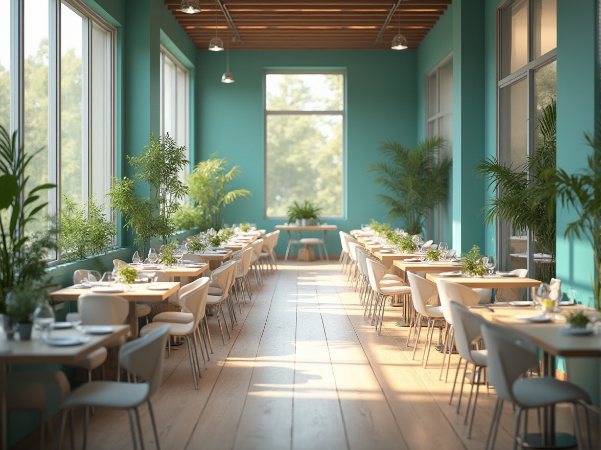 Prompt: Modern dining hall, periwinkle color scheme, elegant ambiance, minimalist decor, sleek tables, chrome legs, white chairs, soft cushions, floor-to-ceiling windows, natural light pouring in, lush greenery, potted plants, wooden flooring, subtle texture, calm atmosphere, 3/4 composition, warm lighting, afternoon sunbeams, shallow depth of field, realistic render, high contrast, vibrant colors.