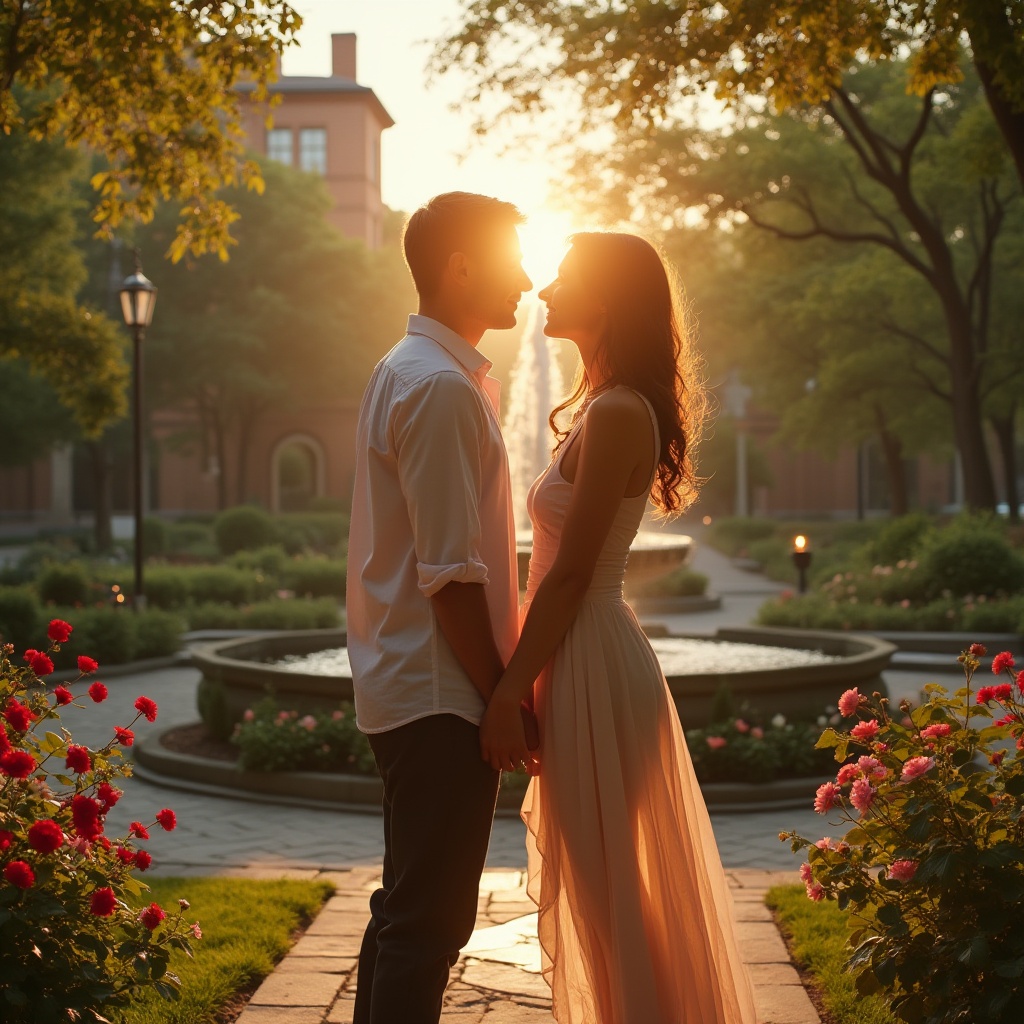 Prompt: Romantic campus scene, bronze statue, elegant fountain, lush greenery, vibrant flowers, warm sunlight, soft shadows, gentle breeze, sweet music, beautiful couple, 20yo, embracing, kissing, holding hands, love letter, roses, candles, sweet whispers, intimate moment, warm atmosphere, cinematic composition, shallow focus, golden hour lighting.