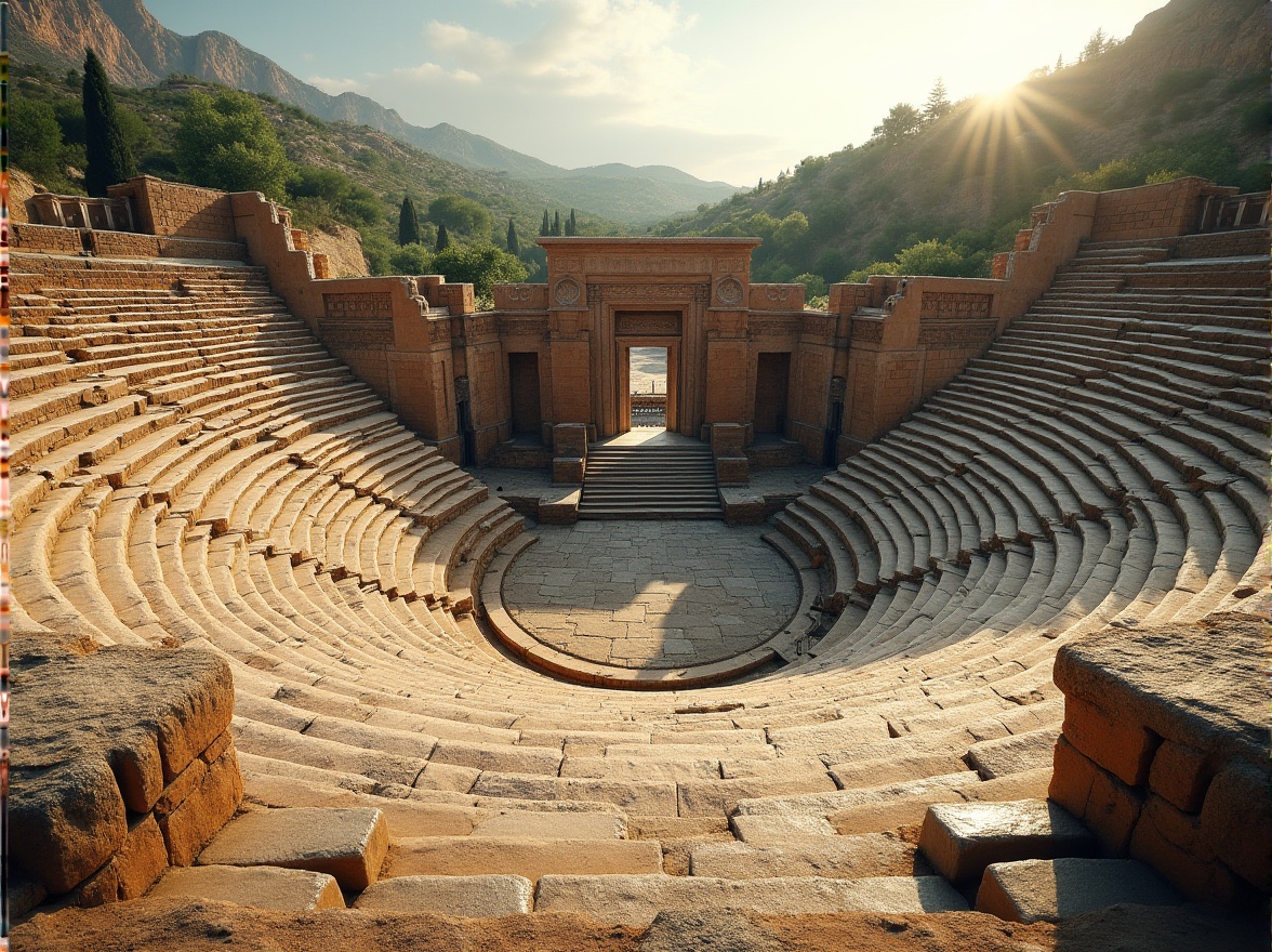 Prompt: Masonry amphitheater, ancient Greek style, natural stone materials, rough-hewn blocks, earthy tone, weathered texture, grand scale, majestic architecture, circular seating arrangement, steps leading up to the stage, lush greenery surroundings, Mediterranean trees, sunny afternoon, soft warm light, high contrast, dramatic shadows, cinematic composition.