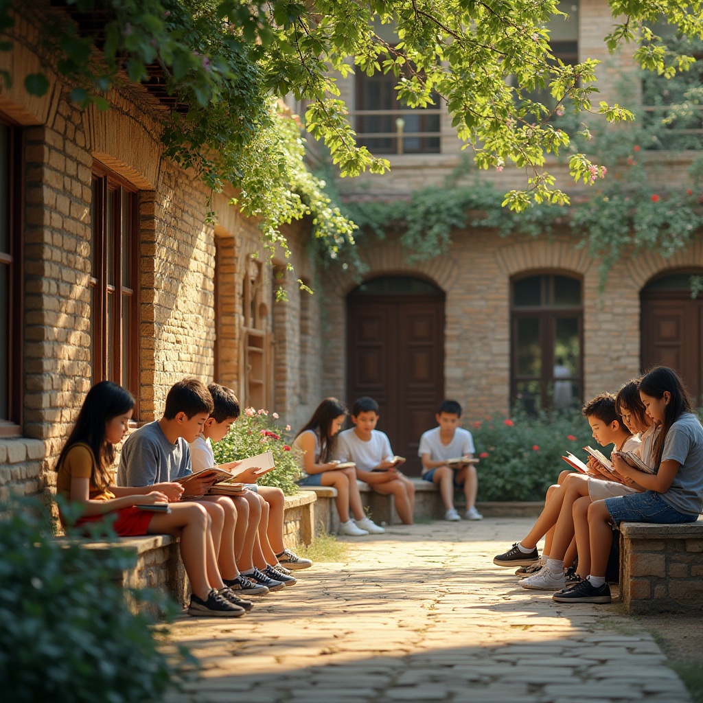 Prompt: School building, masonry material, rustic texture, earthy color, natural light, warm atmosphere, students reading books, sitting on stone benches, surrounded by brick walls, wooden doors, greenery outside windows, flowers blooming, trees shading, sunny afternoon, soft focus, shallow depth of field, 3/4 composition, symmetrical architecture, historic feel, traditional educational setting.