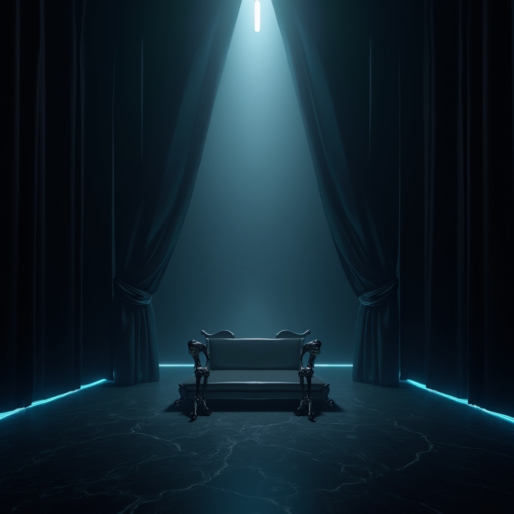 Prompt: Dark background, dramatic lighting, intense shadows, luxurious black velvet curtains, modern minimalist interior design, sleek black marble floor, low-poly 3D model, metallic black robotic arms, futuristic high-tech atmosphere, neon blue accents, misty foggy environment, mysterious ambiance, cinematic composition, wide-angle lens, low-key lighting.