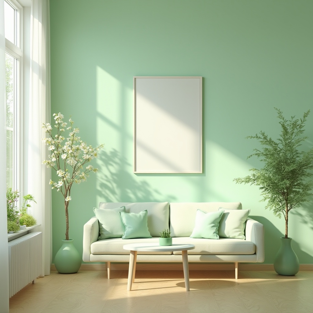 Prompt: Pastel green interior, bright airy atmosphere, natural light pouring through floor-to-ceiling windows, minimalistic modern furniture, sleek low-profile sofa, light green accent wall, matching greenery on coffee table, wooden flooring, plants with delicate white flowers, soft box lighting, 3/4 composition, shallow depth of field, calm and serene ambiance, morning sunlight.