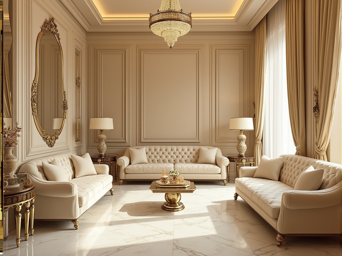 Prompt: Cream color, luxurious, Art Deco style, 1920s inspired, ornate patterns, geometric shapes, metallic accents, lavish furnishings, velvet sofas, marble floors, crystal chandeliers, opulent drapery, vintage decorative items, antique vases, richly textured walls, golden frames, ornate mirrors, warm soft lighting, sophisticated ambiance, high-end interior design, luxurious materials, intricate details.