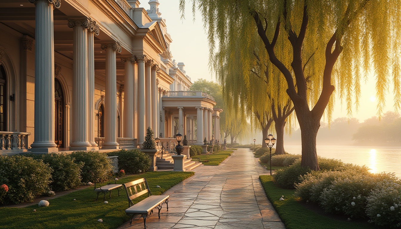 Prompt: Riverbank classicism, luxurious villa, neoclassical architecture, white marble columns, grand entrance, symmetrical facade, ornate details, lavish decorations, river view, sunset time, warm golden light, tranquil atmosphere, weeping willows, blooming flowers, lush greenery, winding stone path, elegant benches, vintage street lamps, soft misty effect, cinematic composition, 3/4 perspective, shallow depth of field, warm color palette.