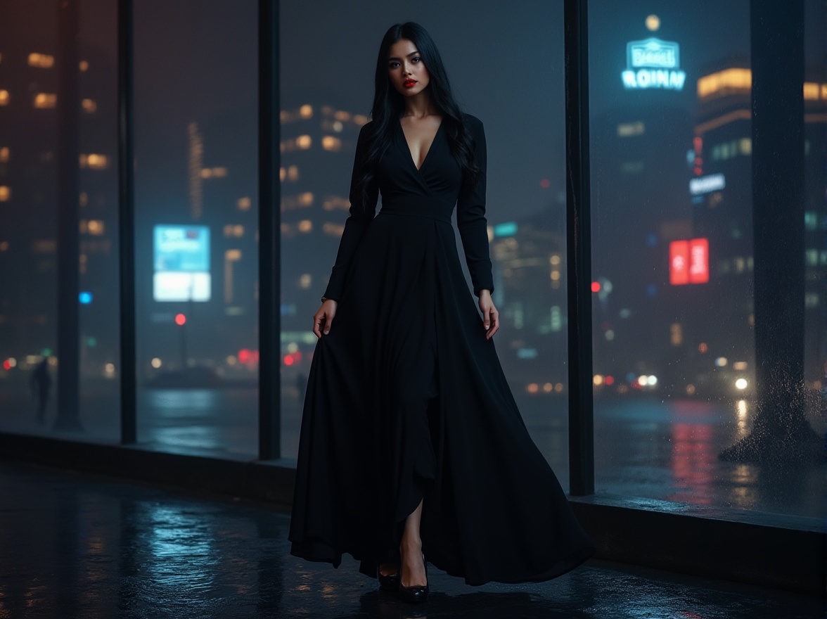 Prompt: Dark themed, abstract background, gradient effect, mysterious ambiance, low-key lighting, black dress, long sleeves, V-neckline, high heels, elegant woman, 25-30 years old, confident posture, bold red lips, smoky eyes, sleek black hair, cityscape at night, skyscrapers, neon lights reflecting off the wet pavement, raindrops on the windowpane, modern architecture, glass and steel materials, minimalist decor, luxurious atmosphere, dramatic shadows, cinematic composition, high contrast, sharp focus.