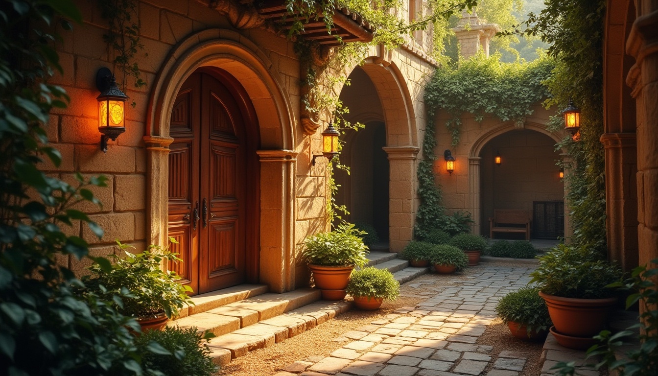 Prompt: Warm amber color, cozy atmosphere, ancient architecture, rustic stone walls, ornate wooden doors, vintage lanterns, soft golden lighting, tranquil courtyard, lush greenery, vines crawling up columns, intricate carvings, natural texture, earthy tone, serene ambiance, warm afternoon sunlight, 3/4 composition, shallow depth of field, filmic grain.