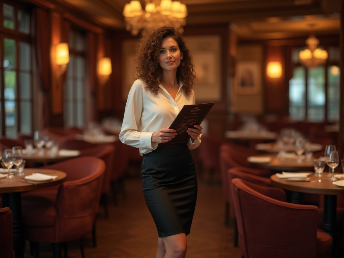 Prompt: Rich, luxurious restaurant interior, warm chocolate color scheme, wooden accents, elegant tables, velvet chairs, subtle golden lighting, soft shadows, sophisticated atmosphere, mature lady, 30yo, curly brown hair, natural makeup, white blouse, black pencil skirt, high heels, standing near a table, holding a menu, gentle smile, background blur, shallow depth of field, cinematic composition, warm and inviting ambiance.