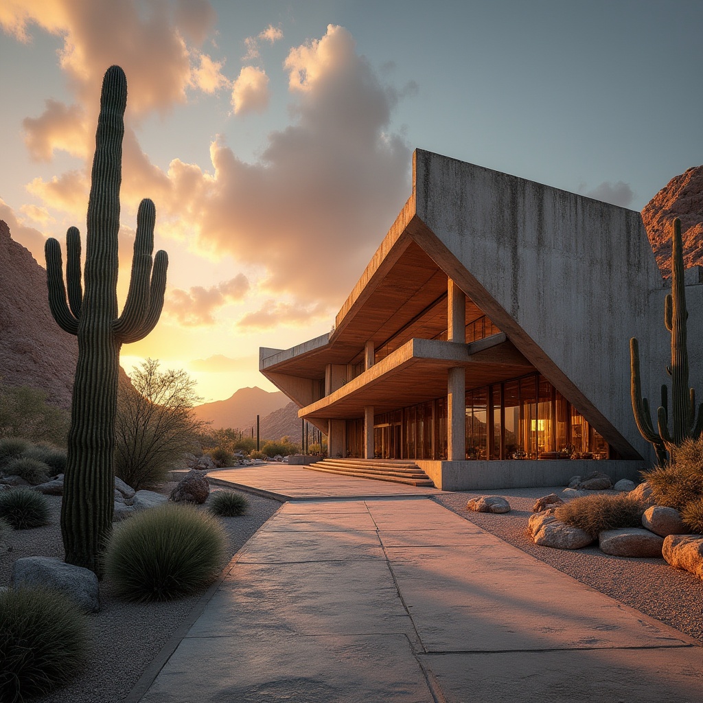 Prompt: Canyon Casino, brutalist architecture, grand entrance, concrete structure, angular lines, rugged texture, monumental scale, desert landscape, sunset lighting, dramatic shadows, cacti and succulents surrounding, warm golden tones, abstract modern art installations, sleek metal accents, expansive windows, cantilevered rooflines, geometric patterns, moody atmosphere, cinematic composition, low-angle shot, fisheye lens.