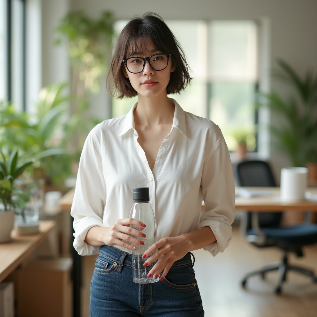 Prompt: Eco-friendly designer, standing, messy bob haircut, black-framed glasses, minimal makeup, white shirt, rolled-up sleeves, dark blue jeans, holding a reusable water bottle, surrounded by recycling bins, plastic waste, and sustainable design prototypes, modern office background with plenty of natural light, wooden desk, potted plants, panoramic view, soft focus, warm color tone, shallow depth of field.