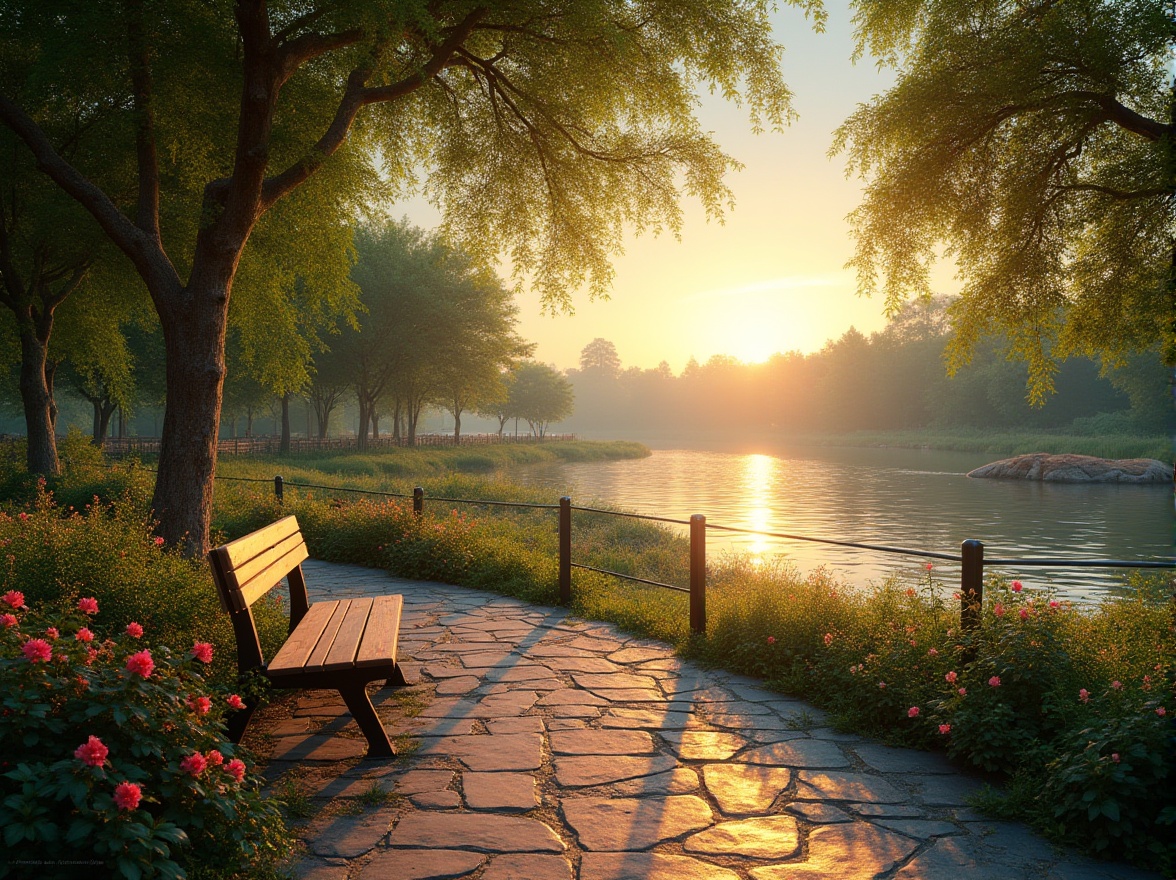 Prompt: Riverbank location, serene atmosphere, lush greenery, winding water edge, wooden benches, romantic sunset, gentle breeze, soft warm lighting, panoramic view, 3/4 composition, tranquil ambiance, vibrant blooming flowers, natural stone pavement, rustic metal railing, comfortable seating area, peaceful coexistence with nature.