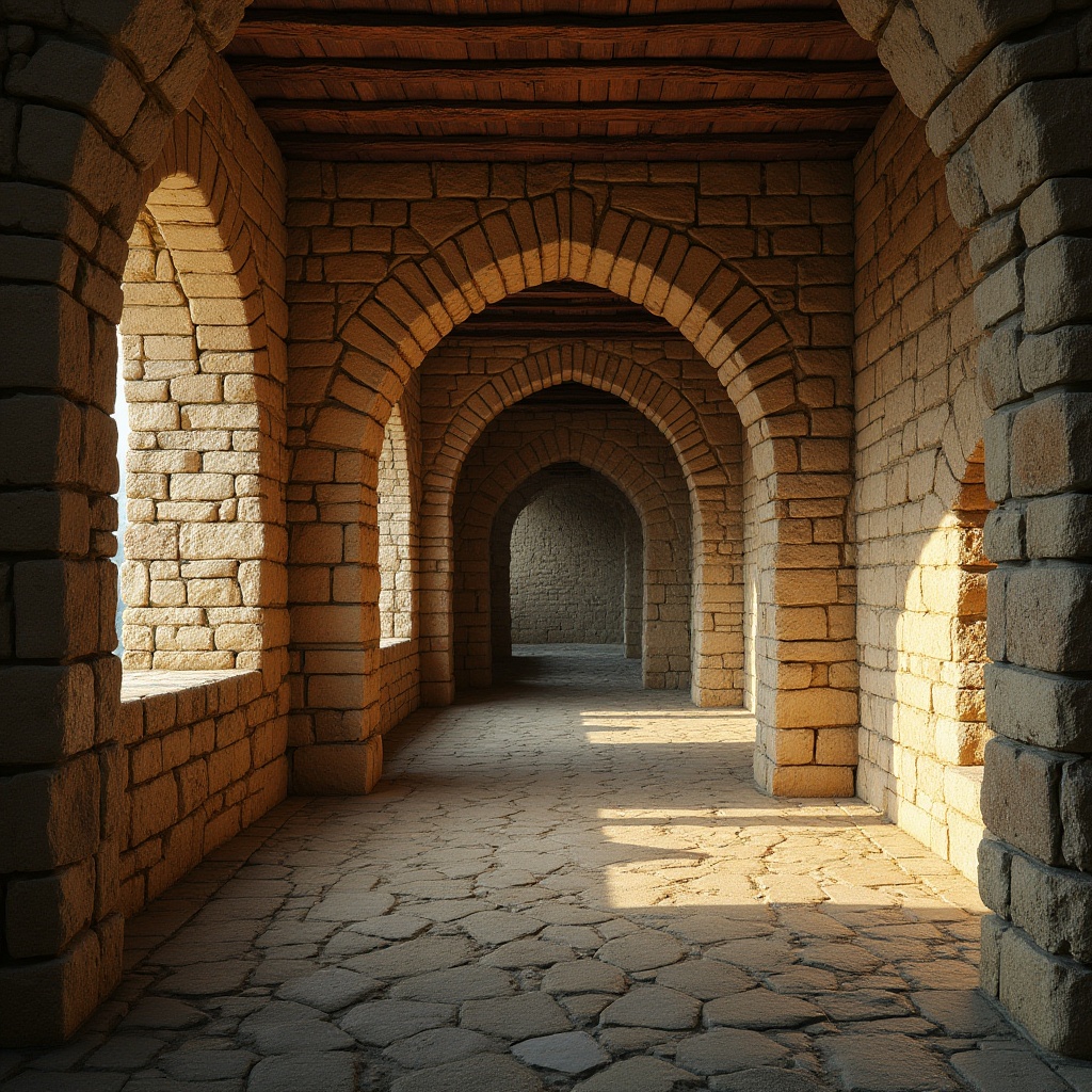 Prompt: Ancient Romanesque architecture, masonry materials, stone walls, rustic bricks, ornate carvings, grand archways, vaulted ceilings, intricate stonework patterns, weathered exterior, moss-covered stones, historic landmarks, medieval ambiance, warm golden lighting, dramatic shadows, low-angle photography, cinematic composition.