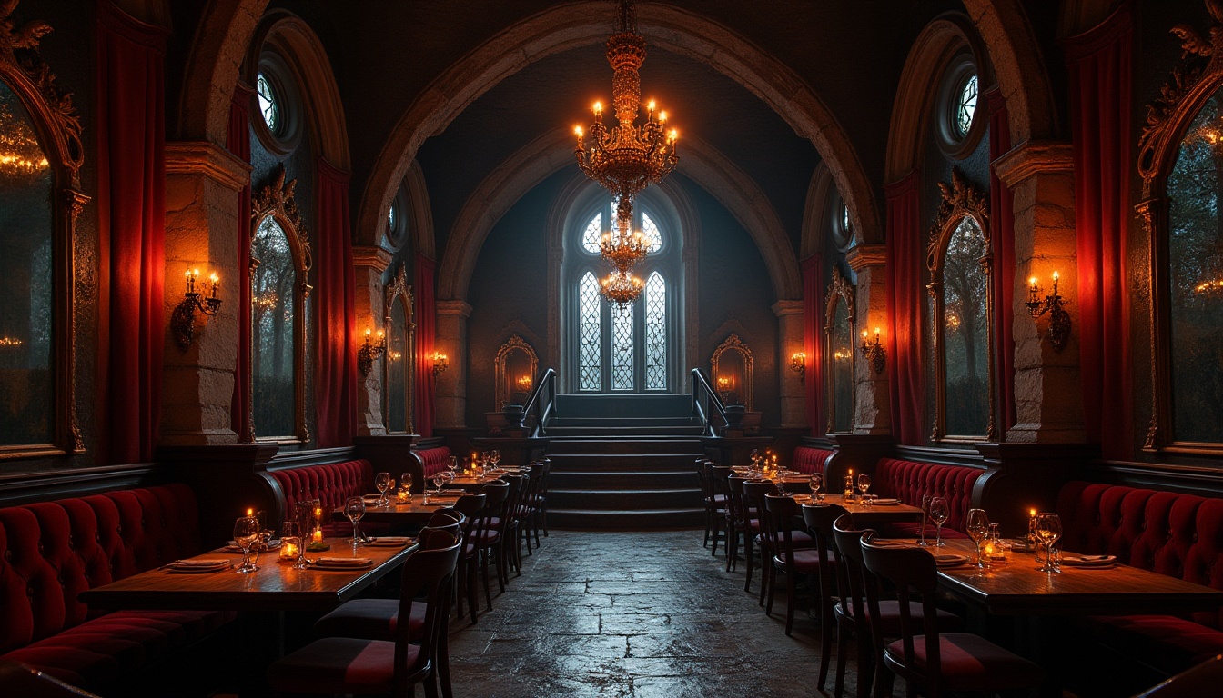 Prompt: Gothic restaurant interior, corrugated metal walls, dark red and black color scheme, ornate chandeliers, grand stone arches, high ceilings, dramatic lighting, mysterious ambiance, old wooden tables, velvet drapes, stone floors, intricate carvings, metal studs, ornate mirrors, luxurious upholstery, regal atmosphere, dimly lit, warm tone, cinematic composition.