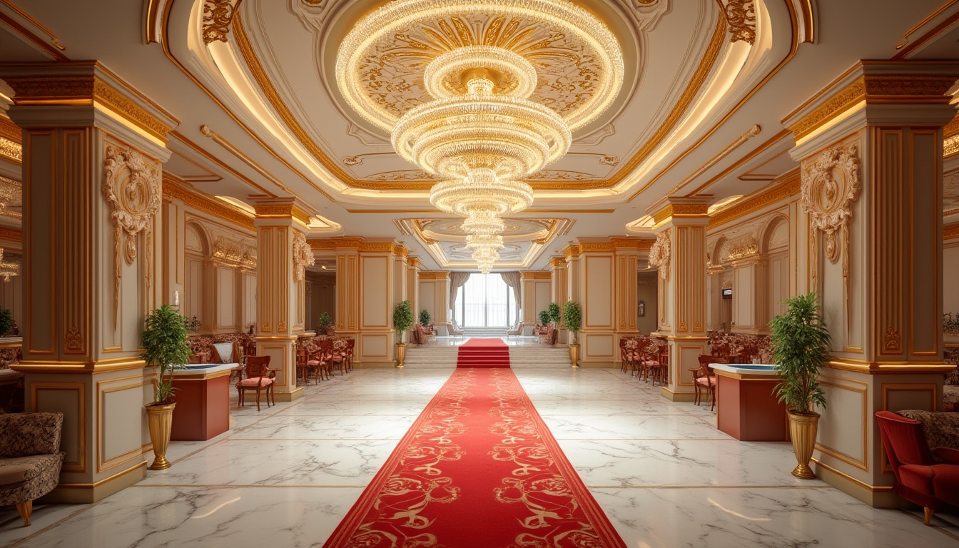 Prompt: Luxurious casino interior, grand chandelier, white marble floor, intricate ceiling design, golden accents, red carpet, VIP lounge area, elegant couches, shiny metal railings, glamorous atmosphere, high-end decorations, soft spotlighting, 3/4 composition, cinematic lighting, warm ambiance.