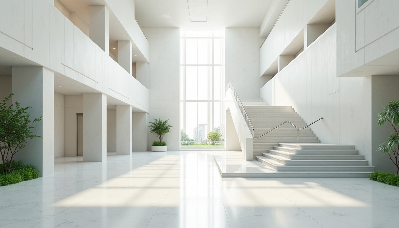 Prompt: Minimalist government building, modern, sleek, low-poly architecture, simple lines, plain walls, limited colors, white marble floor, stairs with metal railings, sparse greenery, few decorative elements, natural light pouring through large windows, empty corridors, solemn atmosphere, clean composition, 3/4 view, softbox lighting.