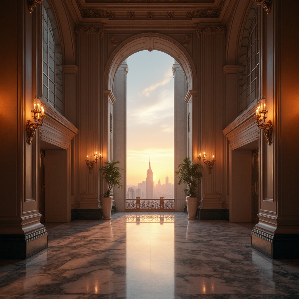 Prompt: Classic, luxurious skyscraper, neoclassical architecture, grandiose entrance, high ceilings, marble flooring, ornate columns, intricate moldings, Art Deco patterns, elegant chandeliers, panoramic city view, sunset lighting, warm ambient glow, atmospheric mist, modern urban landscape, metropolitan vibes, majestic, sophisticated, timeless elegance, symmetrical composition, low-angle shot, cinematic depth of field.