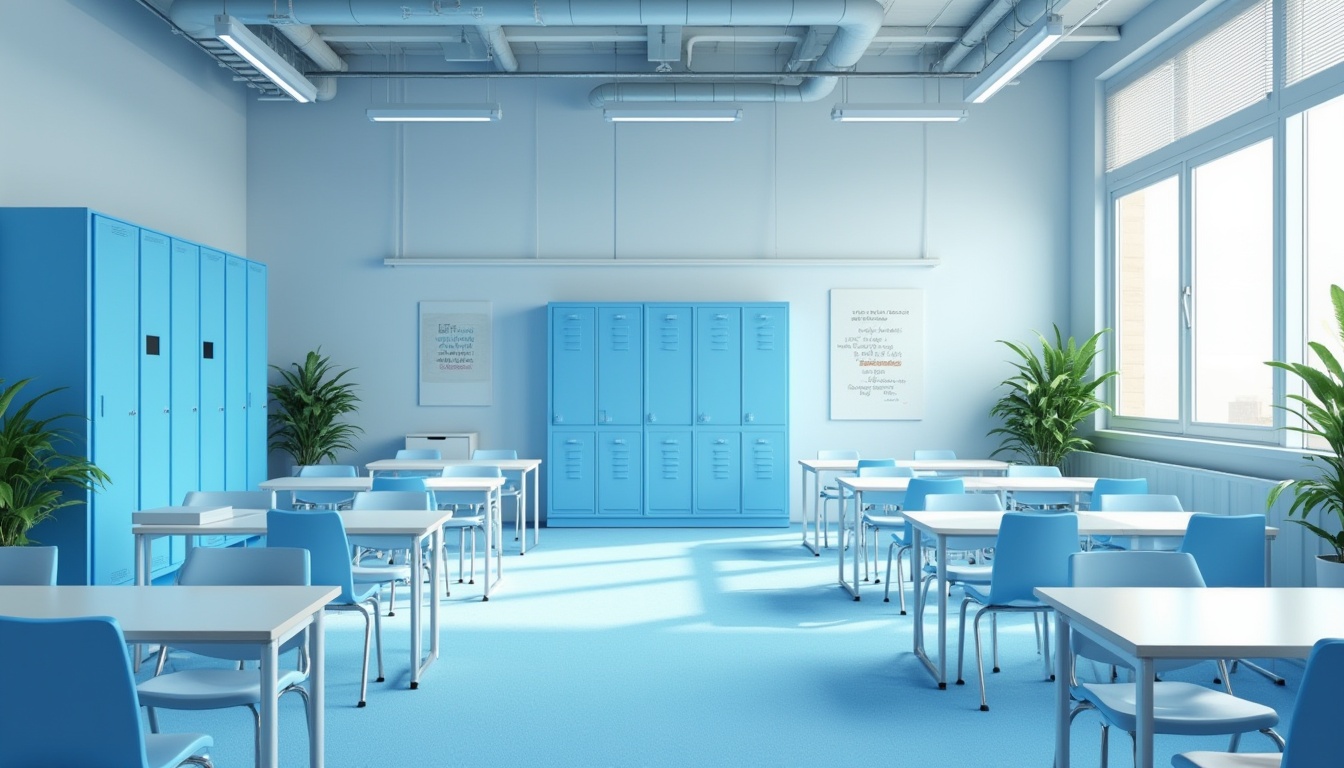 Prompt: Modern educational space, blue accent walls, bright blue lockers, light blue ergonomic chairs, white wooden tables, green plants, soft blue carpet, large windows, natural lighting, 3/4 composition, panoramic view, calm atmosphere, creative learning environment, blue and white color scheme, futuristic design, sleek lines, minimalist decor, inspirational quotes on walls, motivational posters, educational decorations, subtle gradient effect, soft shadows, ambient light.